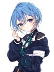  1girl blue_eyes blue_hair blush chiho_(pixiv10578873) closed_mouth green_ribbon hand_up highres hololive hoshimachi_suisei neck_ribbon off_shoulder ribbon short_hair simple_background solo white_background 