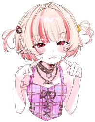  1girl :&lt; bare_arms bare_shoulders black_collar blunt_bangs blush_stickers breasts chain chain_necklace collar collarbone colored_inner_hair crop_top cropped_torso cross-laced_clothes cross-laced_top ear_cuffs fangs fangs_out fingers_to_cheeks grey_hair hair_bobbles hair_intakes hair_ornament highres jewelry makaino_ririmu makaino_ririmu_(6th_costume) mitei_3 multicolored_hair necklace nijisanji no_headwear no_jacket pendant pink_hair pink_streaks plaid_clothes pointy_ears red_eyes short_hair shoulder_tattoo simple_background sleeveless small_breasts solo spiked_collar spikes star_(symbol) star_hair_ornament streaked_hair tattoo two-tone_hair two_side_up virtual_youtuber white_background wolf_cut zipper_top 