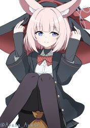  1girl absurdres animal_ear_fluff animal_ears ayana_ayase black_hat black_jacket black_pantyhose blue_archive blue_eyes blue_halo blunt_bangs blush bow bowtie buttons closed_mouth collared_shirt commentary_request cosplay diagonal-striped_bow diagonal-striped_bowtie diagonal-striped_clothes eri_(blue_archive) eri_(blue_archive)_(cosplay) feet_out_of_frame fox_ears fox_girl halo hand_on_headwear hands_up hat hat_ribbon highres jacket knees_together_feet_apart knees_up long_sleeves looking_at_viewer medium_hair niko_(blue_archive) open_clothes open_jacket paid_reward_available pantyhose pink_hair red_bow red_bowtie red_ribbon ribbon shirt simple_background sitting sleeves_past_wrists smile solo split_mouth striped_bow striped_bowtie striped_clothes thighband_pantyhose twitter_username white_background white_shirt wide_sleeves witch_hat 