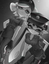  2girls alternate_costume bow-shaped_hair breast_pocket breasts callie_(splatoon) chromatic_aberration closed_mouth collared_shirt commentary cross-shaped_pupils cuffs dress_shirt earrings gloves greyscale hand_on_own_hip hand_on_own_leg handcuffs hat highres holding holding_handcuffs inkling jewelry long_hair marie_(splatoon) medium_breasts medium_hair mole mole_under_eye monochrome multiple_girls pantyhose peaked_cap pencil_skirt pocket pointy_ears police police_uniform policewoman puchiman shirt short_sleeves side_slit signature skirt smile splatoon_(series) symbol-only_commentary symbol-shaped_pupils tentacle_hair thick_eyebrows thigh_strap 