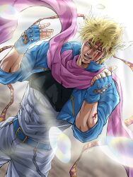  1boy abs absurdres battle_tendency belt belt_buckle bleeding blonde_hair blood blood_on_face blue_belt blue_gloves blue_jacket bubble buckle caesar_anthonio_zeppeli commentary_request cropped_jacket cuts dutch_angle facial_mark feather_hair_ornament feathers fingerless_gloves gloves green_eyes grey_pants grey_shirt hair_ornament headband highres hydrokinesis injury jacket jojo_no_kimyou_na_bouken male_focus muscular muscular_male open_mouth pants pink_headband pink_scarf pointing popped_collar scarf scratches shirt signature solo teeth torn_clothes torn_shirt triangle_print water yellow_headband yui_fightpaint 
