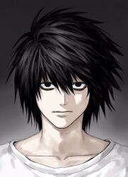  1boy bags_under_eyes black_background black_eyes black_hair closed_mouth collarbone death_note gradient_hair hair_between_eyes highres l_(death_note) lips male_focus multicolored_hair portrait shirt short_hair solo sso_s two-tone_background white_background white_shirt 