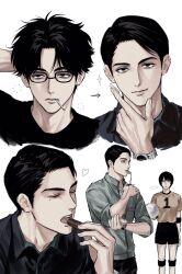  1boy 1girl black-framed_eyewear black_eyes black_hair closed_mouth eating forehead glasses heart highres kobayashi_keiji_(onna_no_sono_no_hoshi) mole mole_under_eye mouth_hold onna_no_sono_no_hoshi short_hair simple_background sleeves_pushed_up sso_s teeth watch watch whistle whistle_around_neck white_background 