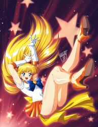  1girl adult_swim aino_minako arms_up artist_name bishoujo_senshi_sailor_moon bishoujo_senshi_sailor_moon_r bishoujo_senshi_sailor_moon_r:_the_movie bishoujo_senshi_sailor_moon_s bishoujo_senshi_sailor_moon_s:_the_movie bishoujo_senshi_sailor_moon_supers bishoujo_senshi_sailor_moon_supers:_the_movie blonde_hair blue_eyes blush breasts commentary covered_navel danmakuman elbow_gloves full_body gloves gradient_background high_heels highres jewelry long_hair looking_at_viewer medium_breasts orange_skirt pleated_skirt ribbon sailor_collar sailor_senshi_uniform sailor_venus shiny_skin signature simple_background skirt sleeveless smile star_(symbol) thighs tiara toei_animation toonami viz_media 