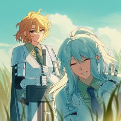  1boy 1girl ahoge alternate_costume armor blonde_hair breastplate closed_eyes cowboy_shot don_quixote_(project_moon) gauntlets grass green_necktie green_shirt highres holding holding_sword holding_weapon kamisiro_sora la_manchaland's_don_quixote_(project_moon) limbus_company long_hair looking_at_viewer necktie outdoors project_moon red_eyes sancho_(project_moon) shirt short_hair smile sweat sword weapon white_hair zwei_association_west_uniform 