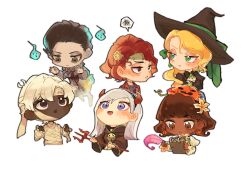  3boys 3girls alternate_costume bacpain black_dress black_hair black_hat blonde_hair brown_eyes brown_hair cassandra_vole commentary cosplay daniel_page dark-skinned_female dark-skinned_male dark_skin demon_horns dress earrings english_commentary fake_horns food-themed_earrings frankenstein&#039;s_monster frankenstein&#039;s_monster_(cosplay) ghost_costume green_eyes halloween halloween_costume harry_potter:_magic_awakened harry_potter_(series) hat highres holding holding_polearm holding_quill holding_weapon horns ivy_warrington jewelry long_hair looking_at_another lottie_turner makeup mole mole_under_eye multiple_boys multiple_girls mummy_costume polearm protagonist_(harry_potter:_magic_awakened) pumpkin_earrings pumpkin_hat quill red_hair simple_background trident violet_eyes weapon white_background white_hair witch_hat wizarding_world 