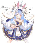  1girl absurdres animal_ears blue_dress blue_eyes blue_hair dress highres holding holding_microphone hololive long_hair long_sleeves looking_at_viewer microphone nosu_(pewk_x4b) one_eye_closed rabbit_ears simple_background solo usada_pekora v virtual_youtuber white_background white_headwear 