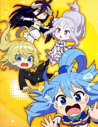  4girls absurdres ahoge albedo_(overlord) anime_coloring aqua_(konosuba) artist_request bare_shoulders black_jacket black_pants blonde_hair blue_dress blue_eyes blush braid breasts clenched_hand clothing_cutout crossover crown_braid crying crying_with_eyes_open d: demon_girl demon_horns dress dress_tug elbow_gloves emilia_(re:zero) falling floating_hair flower furrowed_brow gloves gradient_background grey_hair hair_between_eyes hair_floating_upwards hair_flower hair_ornament hair_ribbon highres horns isekai_quartet jacket kono_subarashii_sekai_ni_shukufuku_wo! long_dress long_hair long_hair_between_eyes long_sleeves looking_ahead looking_at_another looking_at_viewer military_uniform multiple_girls newtype off-shoulder_dress off_shoulder official_art open_mouth orange_background outstretched_arms overlord_(maruyama) pants purple_hair purple_ribbon re:zero_kara_hajimeru_isekai_seikatsu ribbon short_dress shoulder_cutout slit_pupils tanya_degurechaff tears thigh-highs third-party_source v-shaped_eyebrows violet_eyes white_dress white_flower white_gloves white_thighhighs x_hair_ornament yellow_background yellow_eyes youjo_senki zettai_ryouiki 