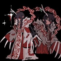  1boy bakori514_(h_akka) belt black_hair chinese_clothes claws coat e.g.o_(project_moon) eastern_dragon_horns hagoromo hanfu highres hong_lu_(project_moon) horn_ornament horn_ribbon horns limbus_company long_hair low_wings multiple_views project_moon red_belt red_coat ribbon shawl single_horn tears_of_the_tarnished_blood_(e.g.o) very_long_hair white_hanfu wings 