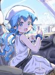  1girl absurdres blue_eyes blue_hair blue_sky bracelet car_interior clouds commentary_request commission cup disposable_cup dress head_scarf highres ikamusume jewelry long_dress long_hair ocean open_mouth pointing pov reo_(salmomomon) shinryaku!_ikamusume skeb_commission sky smile solo tentacle_hair wcdonald&#039;s white_dress 