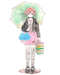  1girl bag ballet_slippers black_eyes black_jacket black_shoes blush bow closed_mouth emamemamo33 english_text full_body green_umbrella hair_ornament hairclip handbag highres holding holding_umbrella jacket leather leather_jacket long_sleeves looking_at_viewer orange_hair original shirt shoes shopping_bag short_hair signature signautre simple_background single_tear solo stain stained_clothes standing umbrella white_background white_shirt 