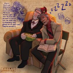  2boys armchair artist_name backlighting big_nose black_jacket black_pants black_shoes blazer book boots bowl brothers brown_boots chair chibi chibi_inset closed_eyes closed_mouth coat collared_shirt dated english_commentary english_text fez_hat food ford_pines glasses gravity_falls grey_hair grunkle_stan hat head_on_another&#039;s_shoulder holding holding_book holding_bowl jacket multiple_boys neck_ribbon old old_man on_chair open_book open_clothes open_coat open_mouth pants paper_background plump popcorn receding_hairline red_ribbon red_sweater ribbon shirt shoes short_hair siblings sketch_inset sleeping sweater tan teeth turtleneck turtleneck_sweater twins twitter_username upper_teeth_only vicartless white_shirt wrinkled_skin zzz 