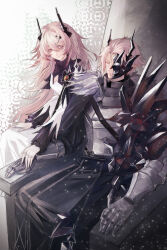  1boy 1girl absurdres arknights armor black_dress black_horns black_pants cc_guiya chinese_commentary cleavage_cutout closed_eyes closed_mouth clothing_cutout commentary_request cuirass dress fingernails fur_trim gauntlets hair_between_eyes hair_intakes hand_on_another&#039;s_hand highres horns jewelry light_particles light_smile long_hair long_sleeves multiple_rings pants pink_eyes pink_hair pointy_ears ring short_hair sitting sitting_on_throne theresa_(arknights) theresis_(arknights) throne turtleneck turtleneck_dress white_dress 