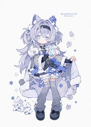  1girl absurdres animal_ear_fluff animal_ears black_bow black_gloves black_hairband black_shoes bow cat_ears cat_girl closed_mouth commission footwear_bow full_body fur-trimmed_sleeves fur_trim gloves grey_jacket grey_thighhighs hair_intakes hairband highres jacket kanae_(cookie) long_hair long_sleeves looking_at_viewer open_clothes open_jacket original purple_hair ribbed_thighhighs shoes simple_background solo standing thigh-highs twitter_username white_background 