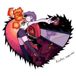  1girl 4boys absurdres alternate_form beam_(chainsaw_man) black_ribbon black_thighhighs bomb_devil_(chainsaw_man) chainsaw chainsaw_man denji_(chainsaw_man) green_eyes heart highres huchu_(huchu_sogume) multiple_boys neck_ribbon purple_hair purple_shorts reze_(chainsaw_man) ribbon shark_boy shirt shirt_tucked_in short_shorts shorts sleeveless sleeveless_shirt thigh-highs typhoon_devil_(chainsaw_man) violence_fiend_(chainsaw_man) white_shirt 