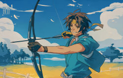  1boy archery arrow_(projectile) artist_name asaba_harumasa asymmetrical_gloves black_gloves black_hair blue_kimono blue_sky bow_(weapon) choker clouds collarbone commentary english_commentary fence field gloves headband holding holding_bow_(weapon) holding_weapon japanese_clothes kaa05n2 kimono kyuudou male_focus mismatched_gloves outdoors parted_bangs partially_fingerless_gloves short_hair sky solo tree weapon wristband yellow_gloves yellow_headband yugake zenless_zone_zero 