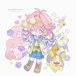 1girl ;d antenna_hair asymmetrical_legwear blue_shorts boots brown_boots commission cutiefly eyewear_on_head full_body green_shirt grey_eyes hair_intakes highres holding holding_phone jacket kanae_(cookie) lace-up_boots layered_sleeves long_sleeves looking_at_viewer mismatched_legwear musharna one_eye_closed open_clothes open_jacket open_mouth original phone pink_hair pink_jacket pokemon pokemon_(creature) pokemon_trainer shirt short_hair short_over_long_sleeves short_sleeves shorts simple_background smile solo standing striped_sleeves togedemaru white_background yamper