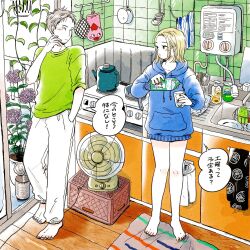  1boy 1girl blonde_hair blue_hoodie blush brown_nails cabinet chopsticks cigarette closed_mouth collarbone colored_skin commentary crate cup daruma_doll egg_carton emamemamo33 fingernails flower food full_body green_shirt grey_hair hand_in_pocket highres holding holding_cigarette holding_cup hood hoodie kettle kitchen long_sleeves looking_at_another milk_carton nail_polish no_pants original oven_mitts pants paper_towel paper_towel_holder pig pink_lips pot-holder rug shirt sink slice_of_life smoking soap speech_bubble spoon stove sweater sweatpants t-shirt talking tile_wall tiles toenails towel traditional_media veranda water_heater white_skin wooden_floor 