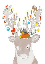  animal_focus bird bow candle christmas_ornaments christmas_stocking commentary_request deer furry highres momoro no_humans original red_bow simple_background star_(symbol) white_background 
