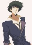  1boy brown_eyes closed_mouth cowboy_bebop cowboy_shot formal h_ysk_0 highres light_smile messy_hair necktie shadow shirt simple_background solo spike_spiegel spiky_hair white_background yellow_shirt 
