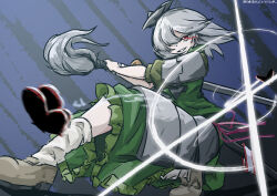  1girl absurdres blue_background brown_shoes commentary_request dated dies_(mugen) full_body grey_hair hair_over_one_eye highres holding holding_sword holding_weapon konpaku_youmu m.u.g.e.n one-hour_drawing_challenge red_eyes shoes short_hair socks solo sword touhou ve1024 weapon white_socks 