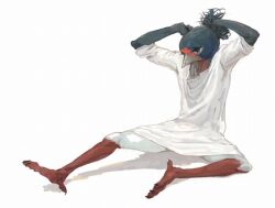  1girl animal_feet bird_girl black_feathers claws commentary_request dress feathers full_body furry furry_female grey_eyes nagabe original ponytail simple_background sitting solo tying_hair white_background white_dress 