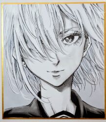  1girl closed_mouth commentary_request expressionless greyscale hair_over_one_eye long_bangs makomako1061 monochrome one_eye_covered original photo_(medium) portrait shikishi short_hair solo straight-on traditional_media 