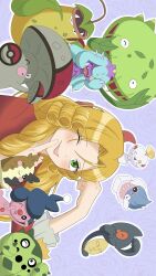  1boy amoonguss blush cacnea carnivine chimecho crossdressing dress green_eyes highres inkay james_(pokemon) looking_at_viewer mareanie mime_jr. morpeko morpeko_(full) one_eye_closed pokemon pokemon_(anime) pokemon_(creature) pupaltia231 purple_background red_dress team_rocket tongue tongue_out trap victreebel weezing wig yamask 