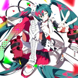  1girl absurdly_long_hair aqua_eyes aqua_hair asymmetrical_clothes asymmetrical_legwear asymmetrical_sleeves black_sleeves boots closed_mouth confetti crop_top crown detached_sleeves floating flower flower_ornament goodsmile_company goodsmile_racing green_flower green_pantyhose hair_between_eyes hair_intakes hairband hashtag-only_commentary hatsune_miku highres holding holding_megaphone knees_up lace-up_boots long_hair megaphone midriff miko_heb multicolored_pantyhose nail_polish one_eye_closed pantyhose pink_nails pink_pantyhose polka_dot polka_dot_pantyhose racequeen racing_miku racing_miku_(2025) shirt shorts single_leg_pantyhose single_thigh_boot smile solo stuffed_animal stuffed_toy super_gt teddy_bear thigh_boots twintails v very_long_hair vocaloid white_background white_boots white_hairband white_shirt white_shorts white_sleeves 