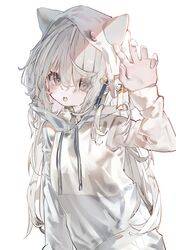  1girl absurdres animal_hood blush highres hood hoodie komi_eshi long_hair looking_at_viewer simple_background solo white_background 