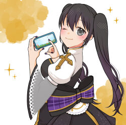  1girl arch_bishop_(ragnarok_online) back_bow black_bow black_dress black_hair blush bow breasts cellphone chima_(iccachima) cleavage_cutout closed_mouth clothing_cutout commentary_request cowboy_shot cross dress grey_eyes highres holding holding_phone juliet_sleeves long_hair long_sleeves looking_at_viewer looking_back medium_breasts mole mole_under_eye phone puffy_sleeves ragnarok_masters ragnarok_online smartphone smile solo sparkle twintails two-tone_dress white_background white_dress 