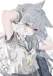  1girl absurdres animal_ears bag highres komi_eshi long_hair looking_at_viewer sailor_collar school_bag school_uniform serafuku shirt short_sleeves simple_background smile solo white_background 