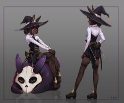  1girl animal animal_ears artist_name belt black_hat black_necktie black_shorts brown_belt brown_hair brown_thighhighs closed_mouth collared_shirt creature d-rex dark-skinned_female dark_skin frown gradient_background grey_background hat highres long_sleeves multiple_views necktie original ponytail rabbit_ears rabbit_girl rabbit_tail shirt shorts sitting standing tail thigh-highs white_shirt witch_hat 