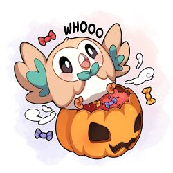  absurdres animal_focus beak bird blue_eyes blush candy food halloween_bucket highres no_humans open_mouth owl pokemon pokemon_(creature) pokemon_focus rowlet sevi_(seviyummy) smile talons wings 