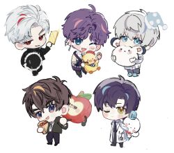  5boys ahoge apple bag beret black_hair black_necktie black_pants black_shoes blue_eyes blush brown_hair cardigan chaloobie chibi chibi_only closed_mouth coat collared_shirt dog_tags easel food fruit full_body green_eyes hair_between_eyes hat highres holding holding_bag holding_stuffed_toy lab_coat light_smile long_coat love_and_deepspace male_focus multiple_boys necktie nightcap one_eye_closed open_mouth paintbrush pants parted_bangs plaid_clothes plaid_necktie purple_hair red_eyes red_hat shirt shoes slippers smile smirk stethoscope striped_bandana stuffed_animal stuffed_apple stuffed_bird stuffed_rabbit stuffed_toy white_background white_coat white_hair white_shirt 