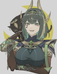  1girl ancient_egyptian_clothes animal animal_on_shoulder armlet ashru_(genshin_impact) black_cat breasts cat cat_on_shoulder cat_tail claw_ring crescent_moon elbow_gloves eye_tattoo fake_claws finger_claws fukaba_yoh gem genshin_impact gloves green_eyes green_gemstone green_hair green_streaks hair_ornament headpiece highres jewelry large_breasts looking_at_viewer mark_under_eye medium_hair mole mole_under_eye moon nefer_(genshin_impact) simple_background smile solo symbol-shaped_pupils tail tattoo triangle-shaped_pupils usekh_collar whiskers white_background 