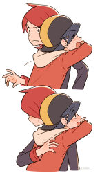  2boys ^_^ arms_around_neck backwards_hat baseball_cap black_hair black_shirt blush chueog closed_eyes commentary_request ethan_(pokemon) eyes_visible_through_hair grey_eyes hand_on_another&#039;s_back hat highres hood hood_down hover_hand hug jacket korean_commentary long_sleeves male_focus multiple_boys open_mouth parted_bangs pokemon pokemon_hgss red_hair red_jacket sequential shirt silver_(pokemon) sleeve_cuffs sweatdrop white_background wide-eyed 