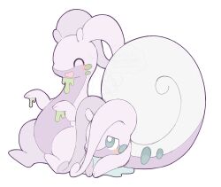  animal_focus antennae blue_eyes blush closed_eyes closed_mouth colored_skin dragon goodra green_eyes highres hisuian_goodra kuzuyu no_humans open_mouth pokemon pokemon_(creature) pokemon_focus purple_skin regional_and_normal shell simple_background slime_(substance) slug smile snail tail white_background 
