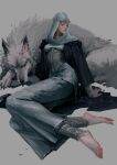  1girl absurdres animal animal_ears armor armored_dress barefoot black_cape blonde_hair cape chainmail closed_mouth crown dress elden_ring feet greaves headpiece highres hood latenna_the_albinauric lobo_(elden_ring) looking_to_the_side lying petting robe simple_background sitting vambraces white_wolf wolf wolf_ears 