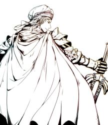  1boy armor cape commentary_request cowboy_shot cross from_behind gauntlets greyscale holding holding_sword holding_weapon keffiyeh kino_cozi looking_at_viewer looking_back male_focus monochrome official_alternate_costume pauldrons ragnarok_online rune_knight_(ragnarok_online) short_hair shoulder_armor simple_background solo sword weapon 