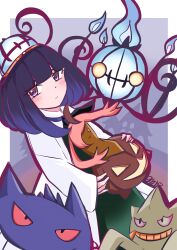  1girl banette black_dress blush bob_cut chandelure closed_mouth coat dress gengar gourgeist gwynn_(pokemon) hat highres holding holding_pokemon long_sleeves looking_at_viewer mimixusa00 open_clothes open_coat pokemon pokemon_(creature) pokemon_legends:_z-a purple_hair short_hair sleeves_past_wrists violet_eyes white_coat 