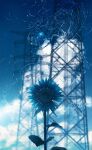  blue_flower blue_sky blue_theme blurry blurry_background clouds cloudy_sky cola_(gotouryouta) depth_of_field floating flower highres jellyfish ladder no_humans original power_lines scenery sky sunflower surreal transmission_tower water water_drop 