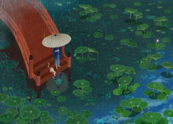  1other absurdres ambiguous_gender animal blue_jacket blue_kimono bridge cat commentary_request day flower haori highres holding holding_umbrella jacket japanese_clothes kimono lily_pad long_sleeves oil-paper_umbrella original outdoors pink_flower pond rain reflection reflective_water ripples sandals santo_moco scenery stairs standing umbrella water water_lily_flower wide_shot wide_sleeves 