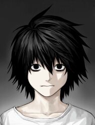  1boy aged_down bags_under_eyes black_background black_eyes black_hair child closed_mouth collarbone death_note gradient_hair hair_between_eyes highres l_(death_note) lips male_focus multicolored_hair portrait shirt short_hair solo sso_s two-tone_background white_background white_shirt 