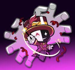  1boy :d arm_up ascot black_background black_mask black_pants black_shoes brown_coat brown_hat chibi chibi_only coat commentary dj_booth_(masquerade)_(tower_defense_simulator) dj_booth_(tower_defense_simulator) flower frilled_sleeves frills full_body gloves gradient_background grin hat hat_feather hat_flower holding holding_wand long_sleeves looking_at_viewer magician male_focus mask official_alternate_costume pants pink_background red_ascot red_flower red_ribbon red_rose red_vest ribbon roblox rose ryoko6318 shoes simple_background smile solo sparkle standing symbol-only_commentary top_hat tower_defense_simulator two-tone_background vest wand white_gloves white_mask 