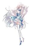  1girl blue_dress blue_footwear dress hair_between_eyes hair_ornament highres long_hair long_sleeves miyu_(miy_u1308) original solo standing thigh-highs very_long_hair white_hair white_thighhighs wings x_hair_ornament 