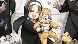  4girls :d aged_down baby baby_animal bird blonde_hair blue_eyes brown_hair chicken closed_eyes clumsy_nun_(diva) diva_(hyxpk) dropping duck duckling english_commentary head_out_of_frame highres hug hungry_nun_(diva) lifting_person little_nuns_(diva) mouse_(animal) multiple_girls nun smile traditional_nun 
