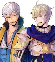  2boys ahoge arch_bishop_(ragnarok_online) armor black_shirt blonde_hair blue_cape blue_coat blue_eyes breastplate cape coat commentary_request cross earrings jewelry kino_cozi looking_at_another looking_to_the_side male_focus multiple_boys official_alternate_costume open_mouth pauldrons ragnarok_online rune_knight_(ragnarok_online) scratches shirt short_hair shoulder_armor simple_background smile stud_earrings upper_body white_background white_hair yellow_eyes 
