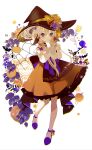  1girl dress hat highres long_hair orange_dress original purple_footwear signature simple_background solo standing white_background white_hair witch_hat yuzuyomogi 