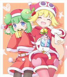  2girls ^_^ amitie_(puyopuyo) amitie_(santa)_(puyopuyo) bell belt belt_buckle black_pantyhose blonde_hair border box buckle christmas closed_eyes commentary_request covered_mouth covering_own_mouth cowboy_shot donut_hair_bun double_bun dress ear_tufts fur-trimmed_dress fur-trimmed_jacket fur_trim gift gift_box gloves green_hair hair_bun hair_ornament hands_up hat heart highres holding holding_box holding_gift holding_sack holly_hair_ornament hood hood_down hooded_jacket horns incoming_gift jacket jazz_grace lidelle_(puyopuyo) long_sleeves looking_at_viewer multiple_girls neck_bell official_alternate_costume open_mouth orange_background outside_border outstretched_arm pantyhose pink_pantyhose pink_ribbon pointy_ears puyopuyo puyopuyo_quest red_dress red_jacket red_shorts ribbon sack santa_costume santa_dress santa_hat short_hair shorts sleeves_past_fingers sleeves_past_wrists smile standing star_(symbol) white_belt white_border white_gloves yellow_horns yellow_ribbon 